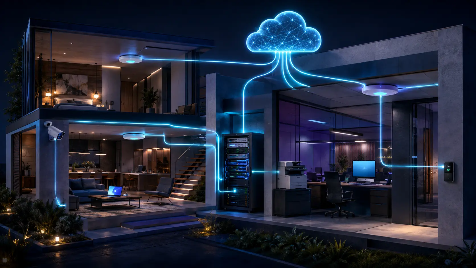 Connected technology in an office and a home, shown as a conceptual illustration