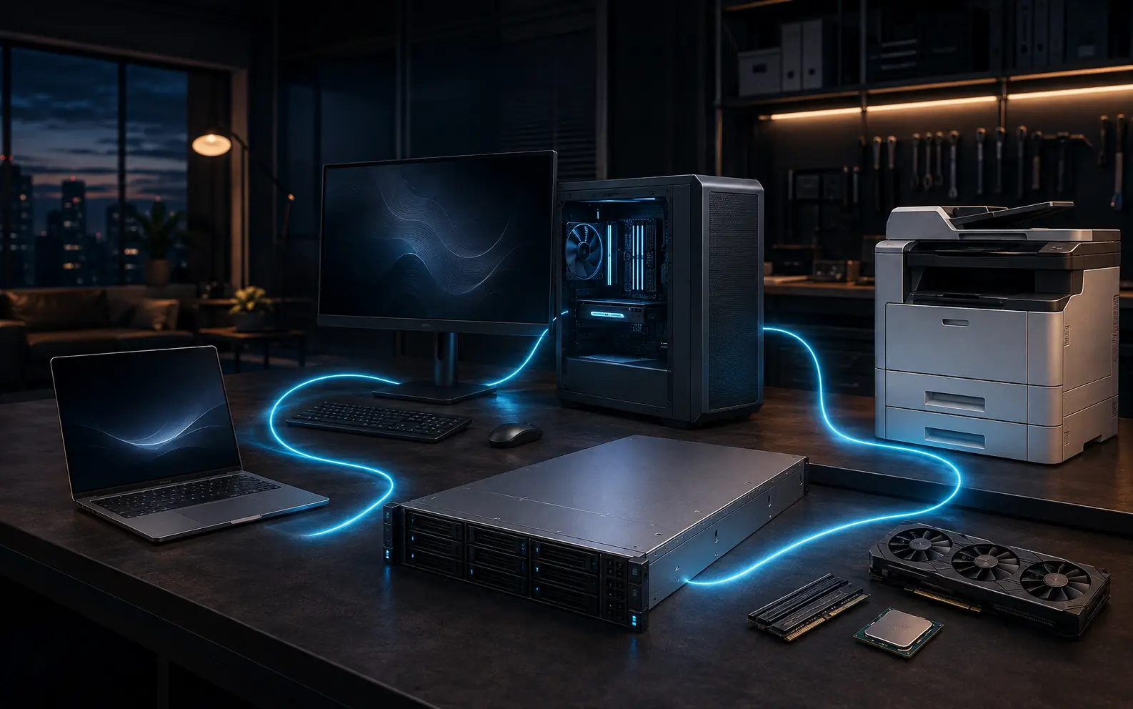 Conceptual illustration of computers, servers & printing